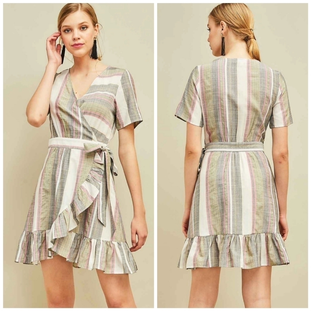 Boutique Entro Pastel Grey, White, & Pink Striped Ruffle Hem V-Neck Wrap Dress